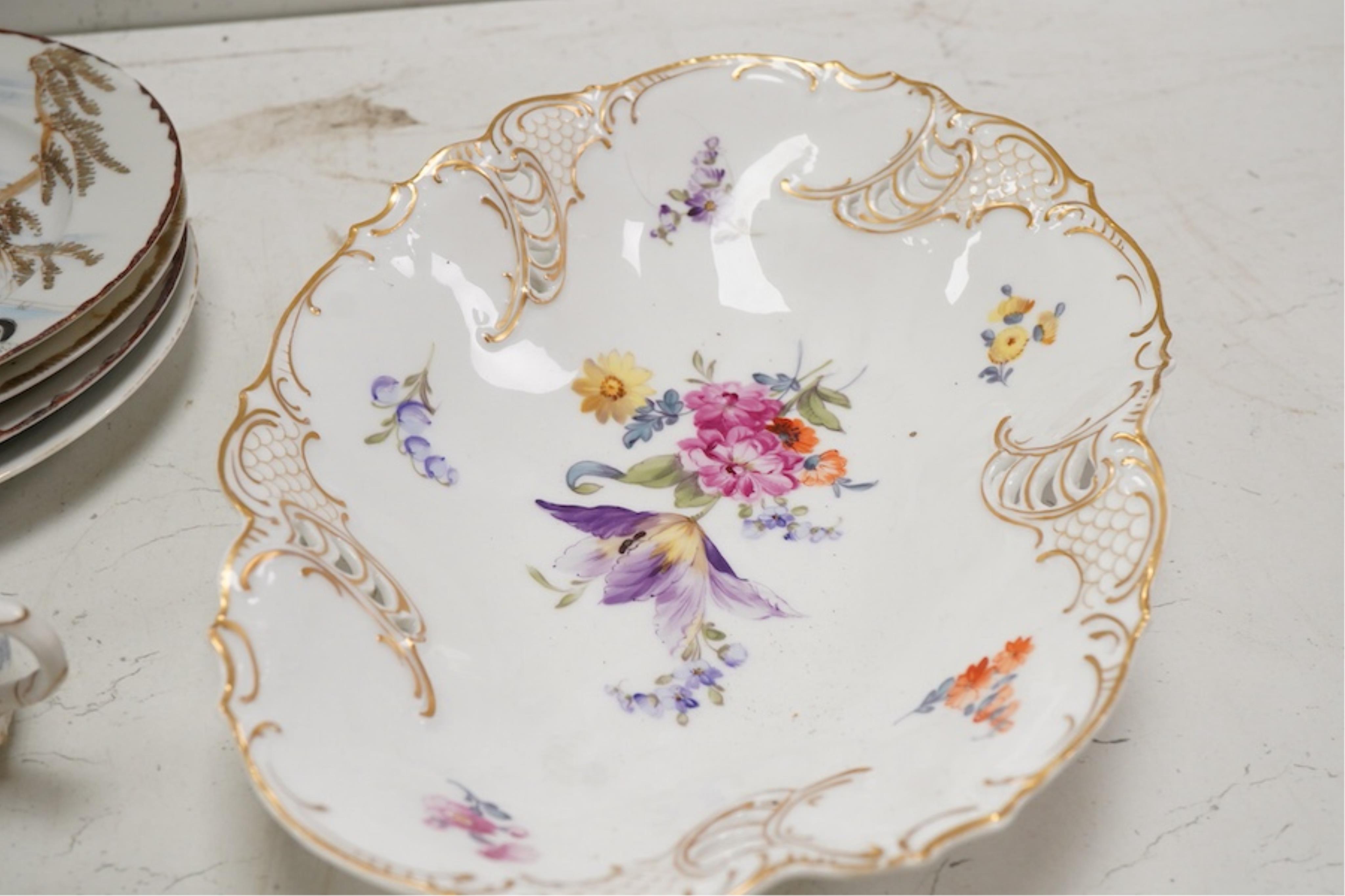 A collection of various 19th century and later European ceramics to include Dresden, Royal Worcester etc. and four Japanese ceramic plates